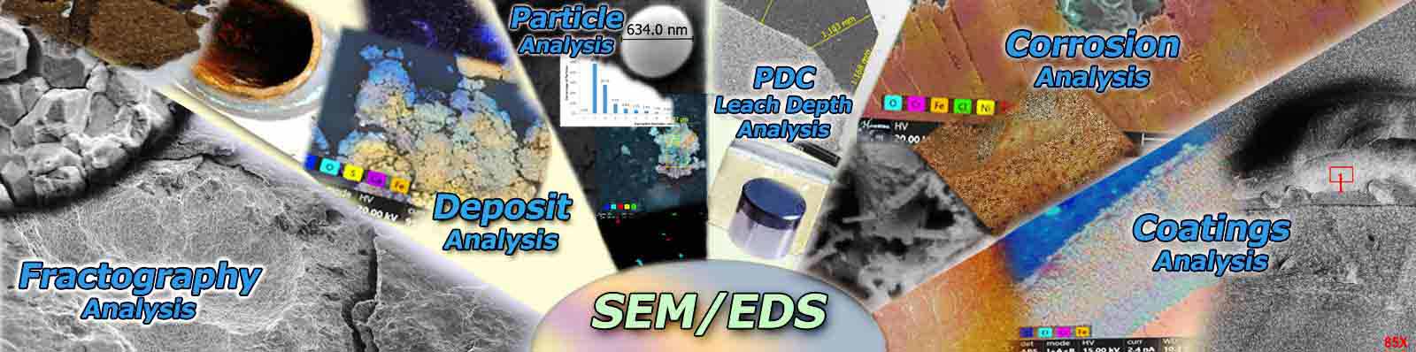 Segmented image of applications provided by the SEM and EDS analysis, Fractography analysis, Deposit Analysis, Particle Analysis, PDC Leach Depth analysis, Corrosion analysis, Coating analysis