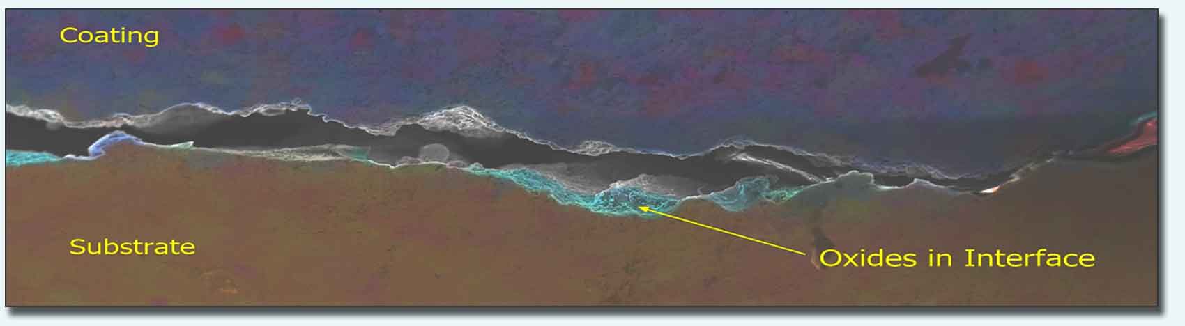 Scanning Elecctron Microscopy image of oxides between layers of the coating and the substrate.